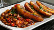 Ghanaian delicacy with crispy fried plantains and rich bean stew, topped with fresh herbs and veggies