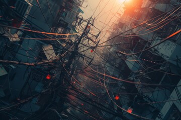 Canvas Print - A city street filled with numerous electrical wires, cables, and tall buildings creating a bustling urban scene, A network of electrical wires and cables connecting a bustling metropolis