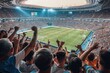 © Iftikhar alam - A massive throng of spectators fills the stadium, cheering and waving flags during a lively soccer match, A packed stadium roaring with excitement as spectators cheer on their team