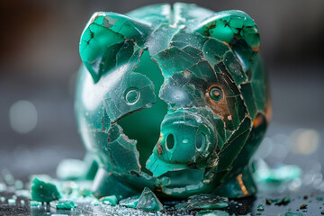 Poster - Malachite green piggy bank breaking open, symbolizing the use of saved money,