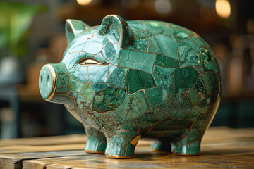 Poster - Malachite green piggy bank breaking open, symbolizing the use of saved money,