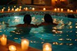 A couple lounging in a pool of water, A pair submerged in a tranquil hot tub surrounded by candles