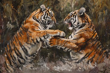 Poster - Two tigers, within a painting, engaging in playful interaction with each other, A pair of tigers engaged in a playful interaction