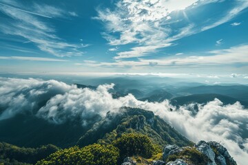 Poster - Overlook of clouds and mountains from high elevation, A panoramic view from a mountaintop with clouds rolling in over the horizon