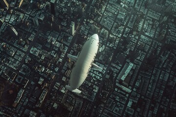 Wall Mural - A large white airplane soaring over a busy city skyline, A panoramic view of a surveillance blimp monitoring an urban area from above