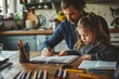© Iftikhar alam - A man and a little girl are seated at a table, engaged in an activity together, A parent and child working together at the kitchen table, surrounded by notebooks and pens