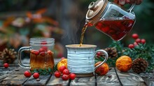   A Person Pours Tea Into A Mug On A Wooden Table Surrounded By Berries And Pine Cones