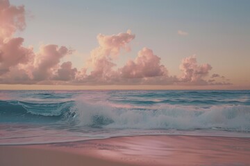 Poster - A painting depicting a vibrant sunset over the ocean, with pastel hues reflecting on the water, A peaceful beach at sunset, with pastel skies and gentle waves crashing