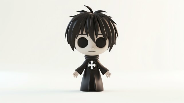 3D rendering of a cute anime boy with black hair and black eyes. He is wearing a black robe with a white cross on the front.