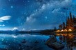 Night sky filled with stars above a lake, reflecting the celestial beauty on the waters surface, A peaceful lakeside campground with tents pitched under a sky full of stars