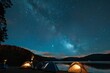 Group of tents set up on a lake under a starry night sky, A peaceful lakeside campground with tents pitched under a sky full of stars