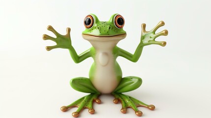 Canvas Print - Cute green frog sitting on a white background, looking at the camera with a happy expression on its face.