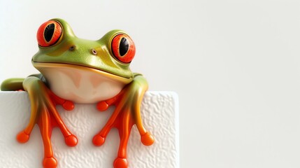 Wall Mural - A cute green frog with red eyes is sitting on a white surface. The frog is looking at the camera with a curious expression.