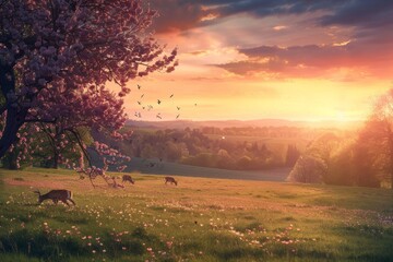 Sticker - A sunset casts warm hues over a field where animals graze peacefully on the grass, A peaceful meadow dotted with grazing deer under a pastel sunset sky