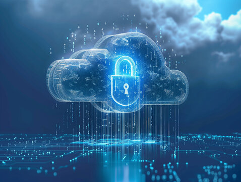 A cloud with a lock and data streams entering it, depicting secure cloud storage for personal data.