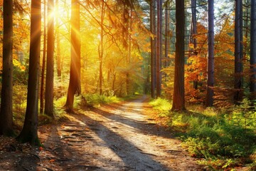 Canvas Print - The suns rays filtering through the dense canopy of trees in a forest pathway, A peaceful path through a sun-dappled forest in peak fall colors