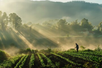 Sticker - A person standing on a vibrant green field, surrounded by lush vegetation, A peaceful scene of a farmer tending to his crops in the early morning light