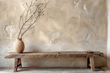 Wall Mural - Rustic wooden bench and clay vase with branch near beige grunge stucco wall with copy space. Japandi wabi-sabi home interior design of modern living room.