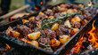 Delicious traditional mongolian barbecue featuring tender meats and seasoned potatoes cooking over an open flame