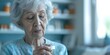 Old woman closing pill bottle to take medicine for memory loss. Concept Memory Loss, Elderly Care, Senior Health, Pill Management, Prescription Medication