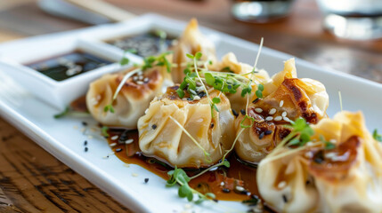 Wall Mural - Authentic mongolian dumplings garnished with sesame seeds and green sprouts, served with soy dipping sauce, on a wooden table