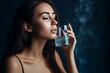 © Maris Maskalans - Beautiful young woman drinking pure water, studio portrait on blue blurry background
