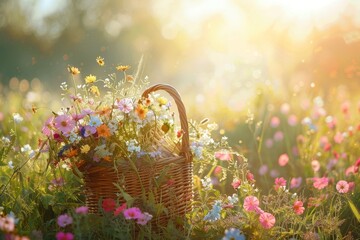 Sticker - A rustic basket brimming with colorful flowers placed in a sunlit meadow, A picturesque scene of a sunlit meadow with a rustic basket filled with fresh-picked flowers