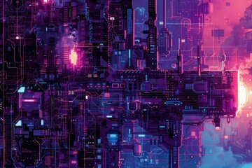 Sticker - A digital design featuring a multitude of purple and blue lines creating a futuristic pattern, A pixelated digital design with a futuristic, tech-inspired aesthetic