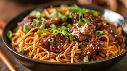Wall Mural - Close-up of delicious mongolian beef stir-fry, perfectly seasoned and served on a bed of noodles, garnished with green onions and sesame seeds