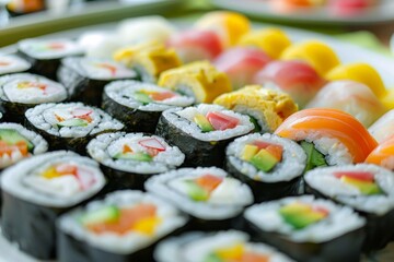 Poster - A plate with assorted sushi rolls displayed on a table, A plate of colorful sushi rolls arranged neatly