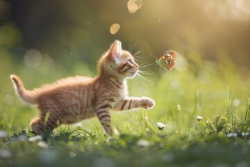 Canvas Print - A small kitten joyfully chasing a butterfly in a grassy field, A playful kitten chasing a butterfly