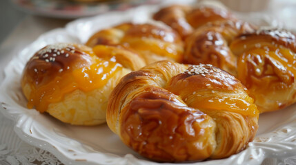 Close-up of mouthwatering mongolian pastries on a white plate, highlighting the shiny glaze and sesame seed decorations