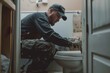 A man sitting on a toilet in a bathroom, A plumber installing a new toilet