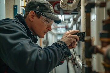 A man in a factory working on a machine, A plumber using a camera to inspect pipes