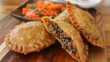 Close-up of freshly fried mongolian khuushuur, meat-filled pastries, served with carrot salad on a rustic wooden dining table setting