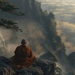 Zen Monk in Meditative Solitude Atop Misty Mountain Peak
