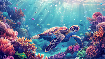 Wall Mural - Underwater world. Turtle. corals. beach. Generative Ai