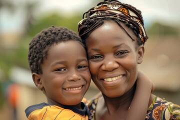 Wall Mural - A woman and a child are happily smiling for the camera, A portrait of a mother and son smiling together