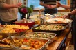 Food Buffet Line at Family Potluck Party, A potluck dinner where each family member contributes a dish, creating a collaborative and communal dining experience