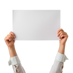 Wall Mural - Paper in hands on a white or transparent background. Close-up of a man holding a white sheet of paper. Mockup. Protest. Creative process. Development.
