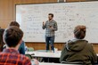 A man standing in front of a whiteboard, giving a lecture in a classroom setting, A professor giving a lecture in front of a large whiteboard filled with equations