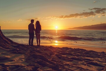 Canvas Print - A man and woman are standing on top of a sandy beach, A proposal written in the sand at sunset