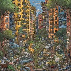 Wall Mural - a drawn children's puzzle where you have to find the animals hidden in an urban setting