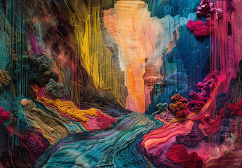 Sticker - a colorful landscape made of neon colored silk threads