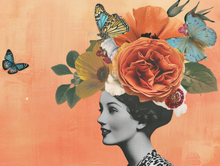 Wall Mural - collage of woman wearing a large flower crown.
