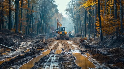 A muddy road with a large construction vehicle in the middle