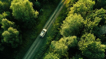 Wall Mural - A car driving down a dirt road in the woods.