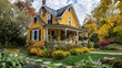 © VISUAL BACKGROUND - A yellow house with flowers and trees in the fall.
