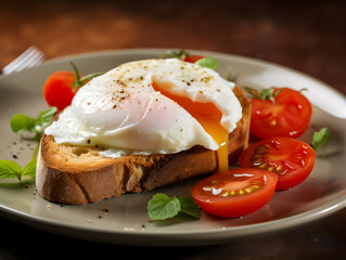 Pouched egg on a toasted bread slice with fresh tomatoes on a plate, healthy breakfast idea concept