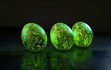 Wall Mural - Glowing green easter eggs on a black background in the style of an Easter concept